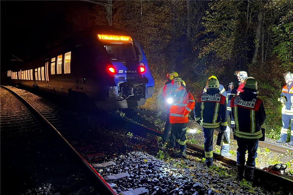 Feuerwehrleute räumen den Baum von den Gleisen. Thorsten Kremers/dpa