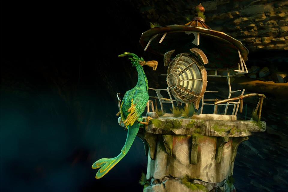 Flatternder Begleiter: Vogel Twig reist auf dem Leuchtturm mit und interagiert bei Bedarf mit entfernten Objekten.Double Fine Productions/Microsoft/dpa-tmn