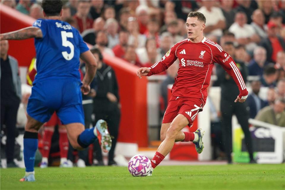 Florian Wirtz feierte seinen ersten Premier-League-Sieg mit dem FC Liverpool, blieb beim 4:2 aber torlos.Ian Hodgson/AP/dpa