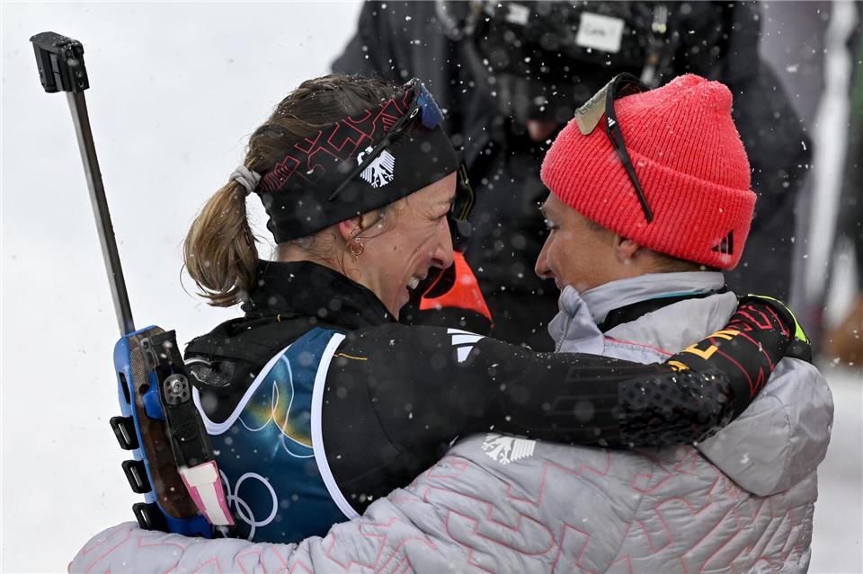 Franziska Preuß und Trainer Sverre Olsbu Röiseland am Ende der Olympischen Winterspiele. (Archivbild)Hendrik Schmidt/dpa