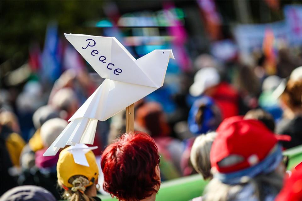 Friedensdemo in Stuttgart: Zeichen für Peace auf dem SchlossplatzChristoph Schmidt/dpa