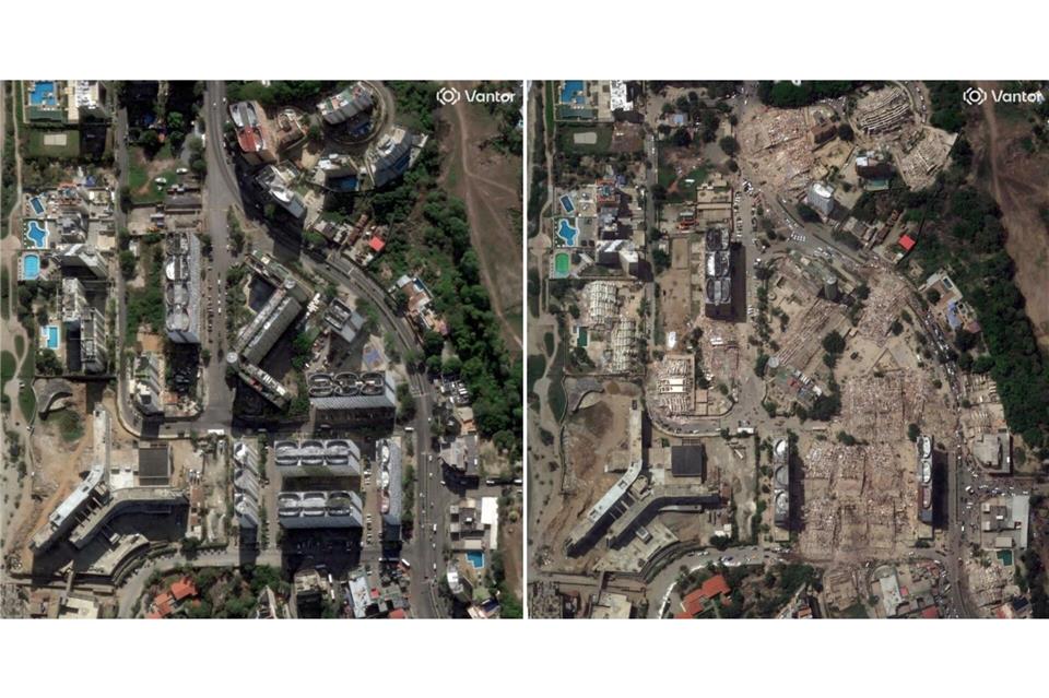 Früher und heute: Die Erdbeben haben verheerende Schäden verursacht. Uncredited/Satellite image ©2026 Vantor/AP/dpa