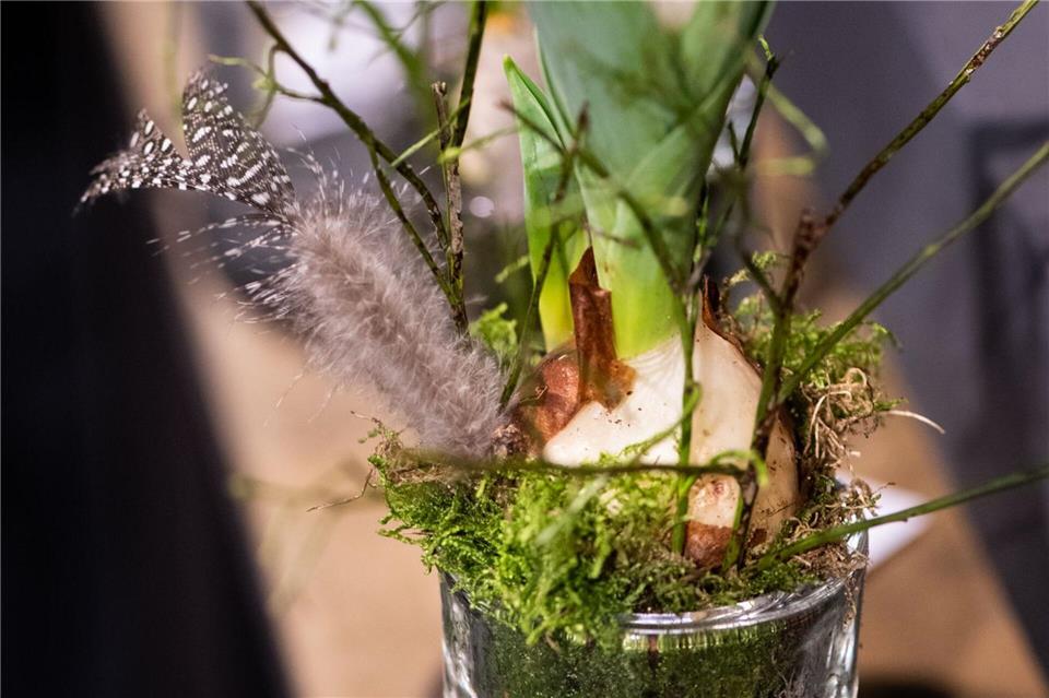 Frühlingsnatur im Glas: Moos, Federn und Blüten verwandeln einfache Gefäße in elegante Osterdeko.Franziska Gabbert/dpa-tmn