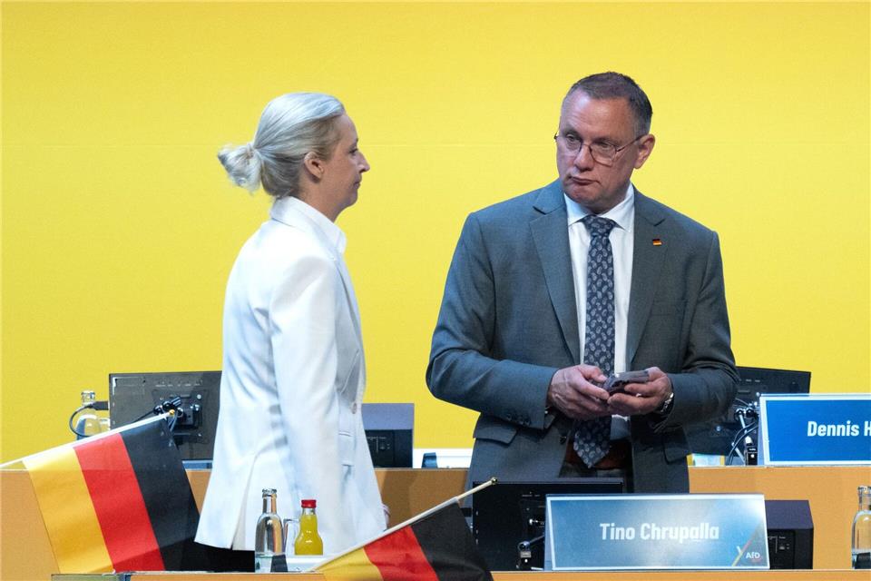 Für Alice Weidel lief die Wiederwahl zur Bundesvorsitzenden etwas besser als für den Co-Vorsitzenden, Tino Chrupalla.Sebastian Kahnert/dpa
