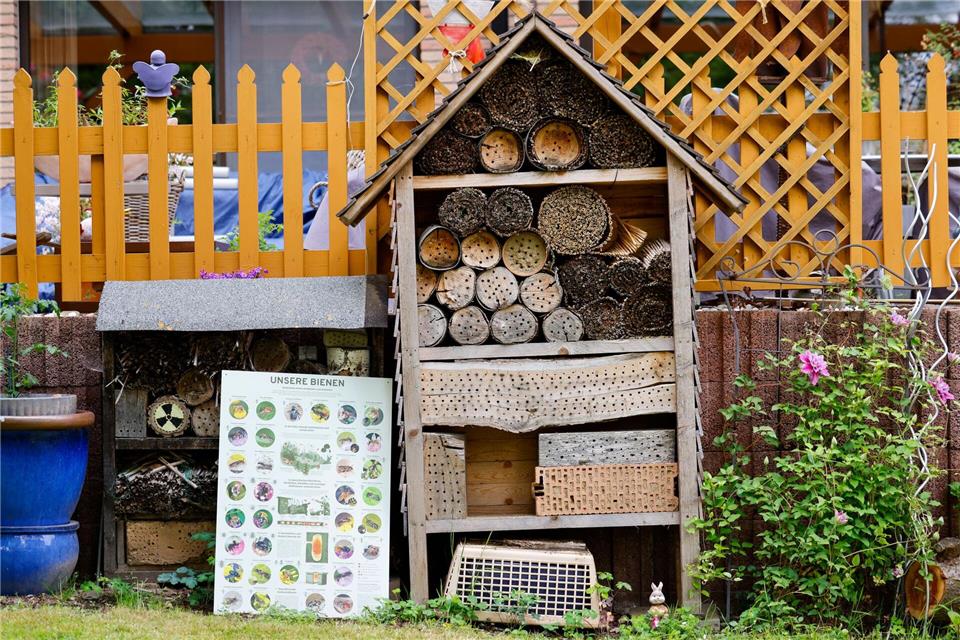 Für Insekten und Wildbienen hat Friedel Mirbach ein großes Insektenhotel.Thomas Banneyer/dpa