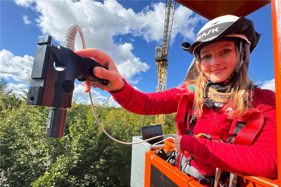 Für Pia Kräft ist die Gondel am 45 Meter hohen Drehkran, der zu Forschungszwecken in einem Wald bei Demmin steht, der „schönste Arbeitsplatz, den man sich vorstellen kann“.Stefan Sauer/dpa