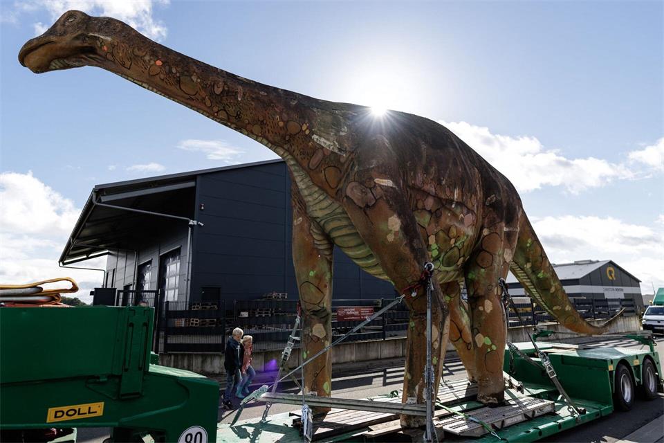 Gefahren wird die Dino-Dame von Bad Essen nach Damme, dort soll sie zunächst auf dem Gelände einer Autowaschanlage stehen.David Ebener/dpa