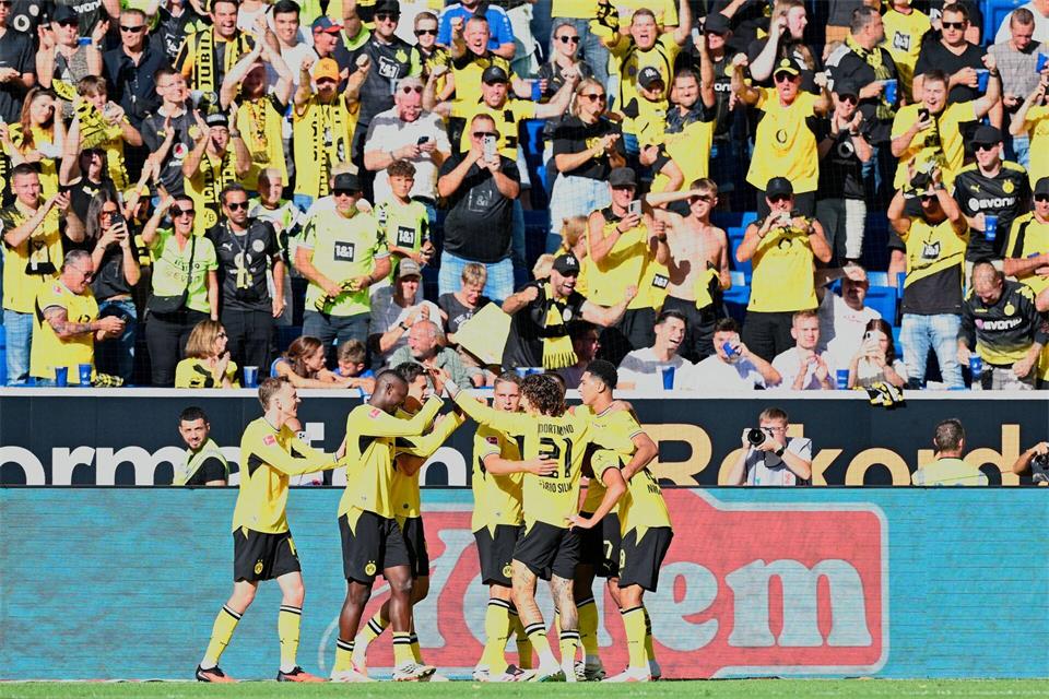 Gelbe Jubeltraube nach dem BVB-Siegtor in Sinsheim.Uwe Anspach/dpa