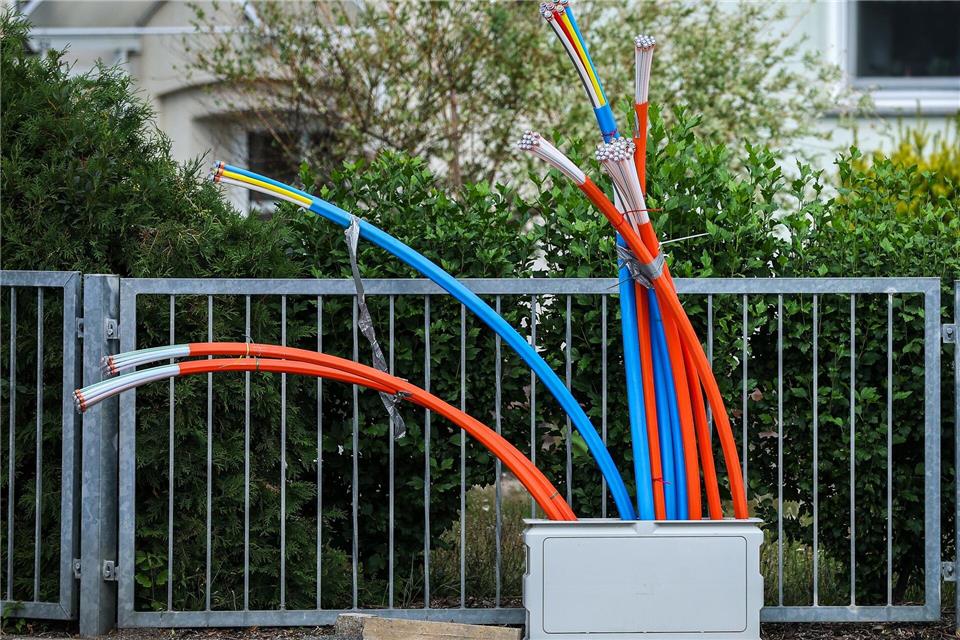 Glasfaser-Kabel an einem Schaltschrank.Jan Woitas/dpa