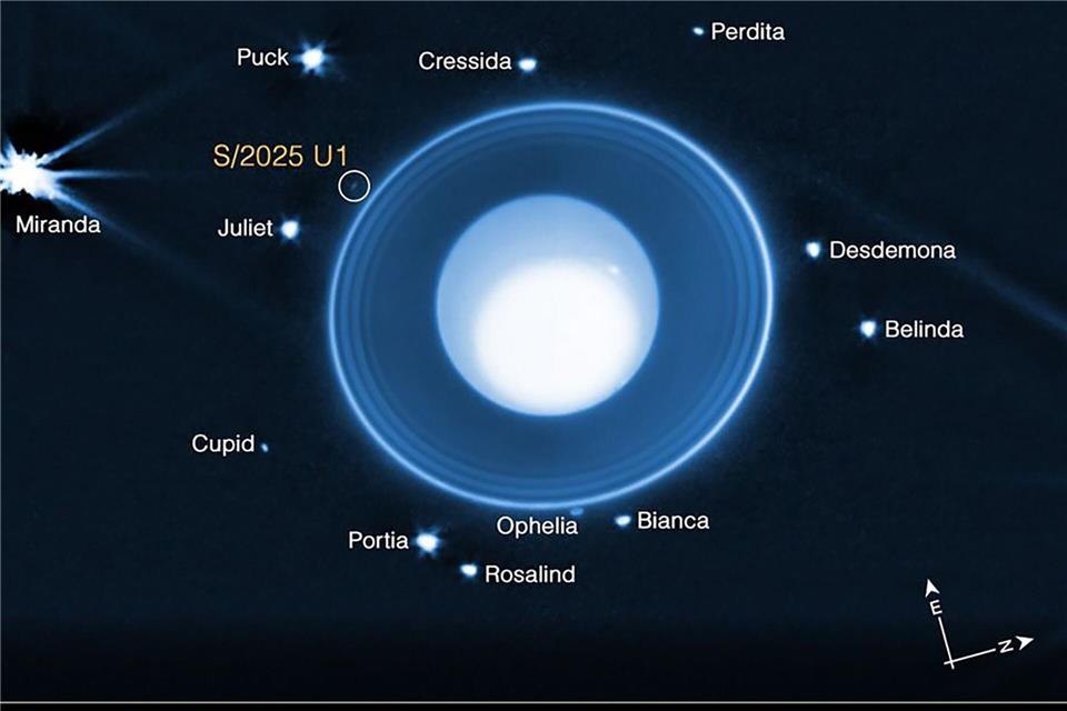 Grafik auf Basis von James-Webb-Daten: Uranus mit seinen Ringen und bekannten Monden. Eingekreist ist der neu entdeckte, nur rund zehn Kilometer große Mond S/2025 U1.-/NASA/dpa