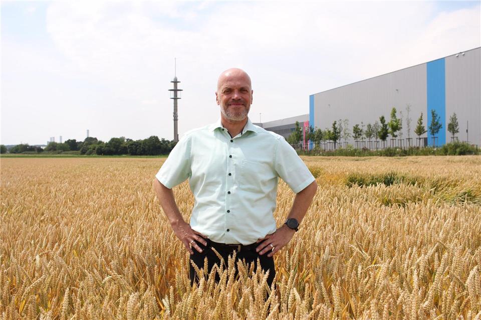 Grevenbroichs Bürgermeister Klaus Krützen (SPD) auf dem Grundstück, wo noch ein Weizenfeld ist - künftig soll dort das Microsoft-Rechenzentrum stehen. Stadt Grevenbroich/dpa