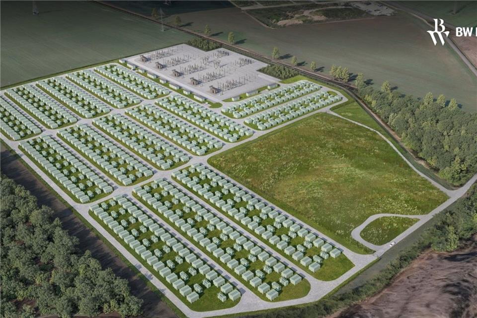 Große Batteriespeicher bestehen oft aus vielen Containern. Im sachsen-anhaltischen Klostermansfeld soll jetzt der größte Batteriespeicher Deutschlands gebaut werden. Er soll mehrere Hundert Speichercontainer umfassen. (Handout)BW ESS/dpa