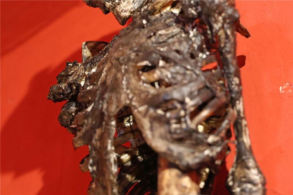 Grusel: Ein Skelett hängt an einem Pfahl im Museum Obscurum.Matthias Bein/dpa