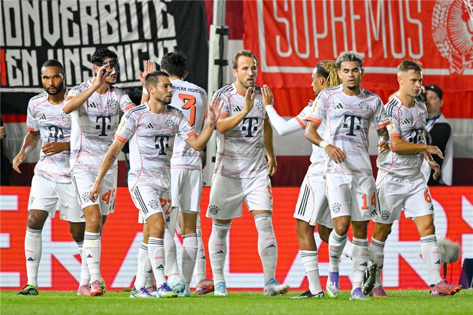 Harry Kane (M) und seine Münchner testen im Sommer beim SV Wehen Wiesbaden. (Archivbild)Uwe Anspach/dpa
