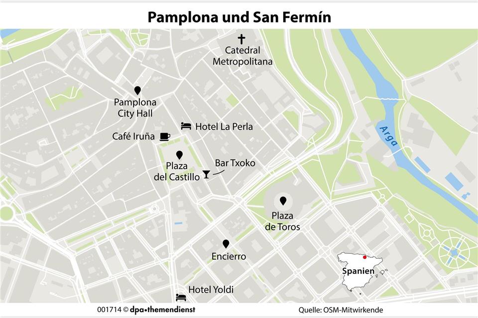 Hemingway-Orte: In Pamplona gibt es viele Orte, die Bezüge zum Roman haben.dpa-infografik/dpa-tmn