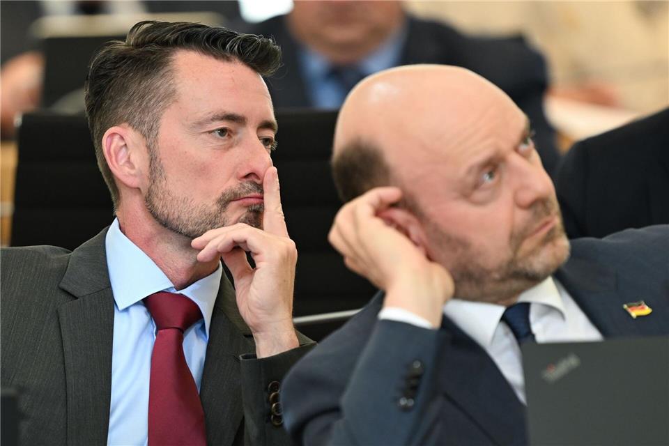 Hessens AfD-Landessprecher Andreas Lichert (l) und Robert Lambrou nehmen Stellung zu den ersten Auszählungen nach den Kommunalwahlen. (Archivbild)Arne Dedert/dpa