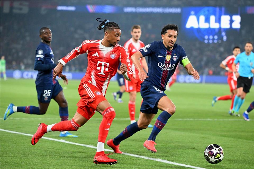 Hohes Tempo, viele Tore: Michael Olise (l) und die Bayern lieferten in Paris ein Spektakel.Federico Gambarini/dpa