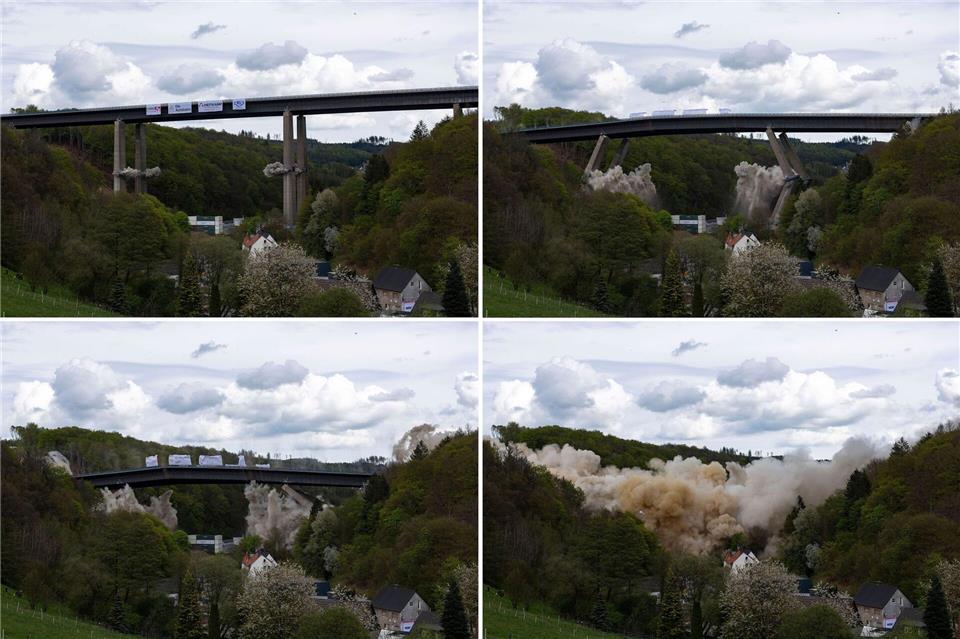 Im Mai 2023 wurde die alte Brücke gesprengt - 17.000 Tonnen Schutt mussten beiseite geräumt werden. (Archivbild)Christoph Reichwein/dpa