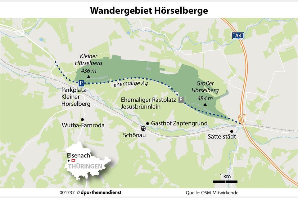 Im Wandergebiet Hörselberge kann man auf einer ehemaligen Autobahntrasse laufen.dpa-infografik/dpa-tmn