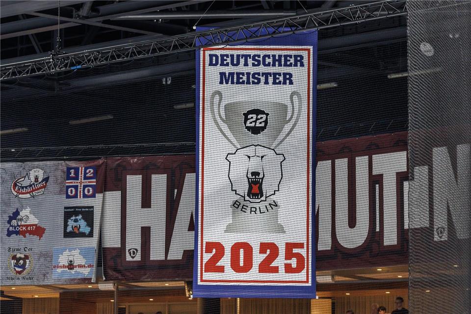 Im zweiten Versuch hängt auch das Meisterbanner seit Dienstagabend unter der Hallendecke.Andreas Gora/dpa