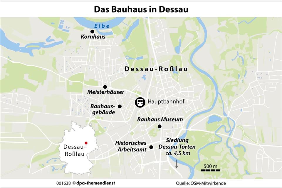 In Dessau lässt sich Architekturgeschichte auf dem Fahrrad erleben, es gibt eine Bauhausbauten-Radtour. Die Highlights im Stadtzentrum sind auch zu Fuß machbar.dpa-infografik/dpa-tmn