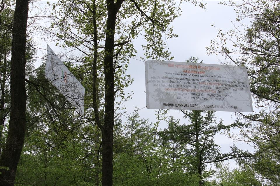 In bis zu zwölf Metern Höhe sind die Banner an einigen Bäumen im Raesfelder Tiergarten befestigt worden.