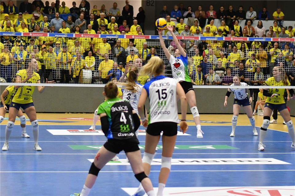 In der Palmberg-Arena gegen Schwerin und die gelbe Wand hatten die Skurios Volleys einen schweren Stand. Am vierten Spieltag unterlag Borken vor 1618 Zuschauern mit 0:3 – nach 71 Minuten. Am Samstag will der Aufsteiger den amtierenden Deutschen Meister länger ärgern.