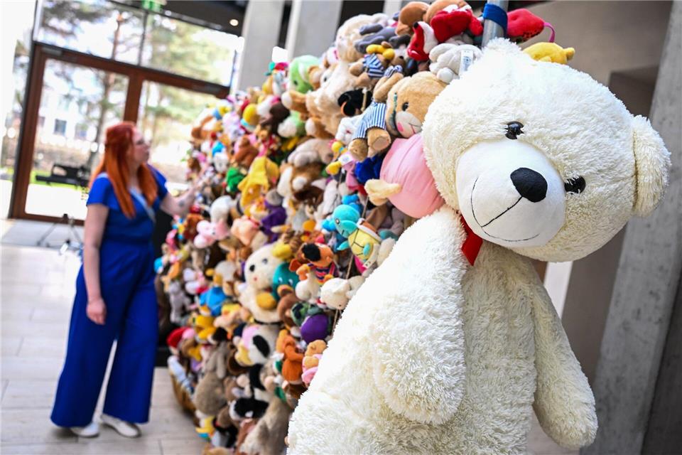 In der Vertretung des Landes Brandenburg in der Bundeshauptstadt hat der Cottbuser Künstler Martin Schüler eine Kuscheltier-Installation aufgebaut. Britta Pedersen/dpa