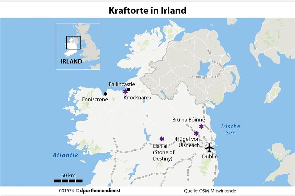 Irland bietet eine Reihe mythologischer Kraftorte – von der prähistorischen Kultstätte Brú na Bóinne nördlich von Dublin bis zum Berg Knocknarea an der Westküste.dpa-infografik/dpa-tmn