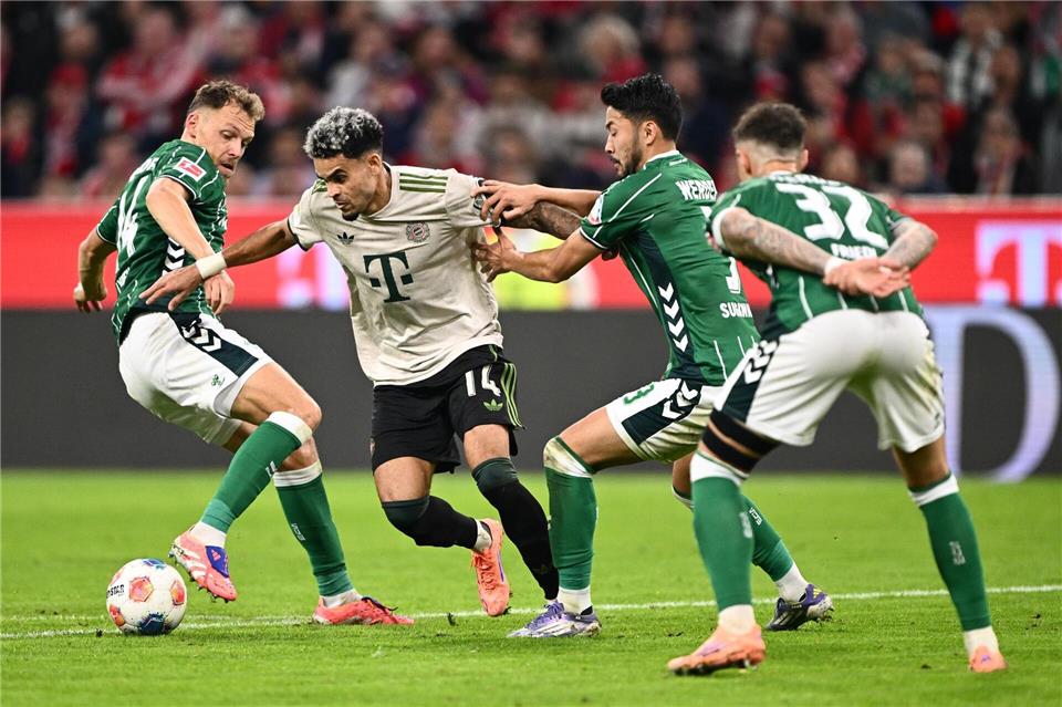 Jagd auf die Bayern? Die Werder-Spieler Senne Lynen (l) und Yukinari Sugawara bedrängen den Münchner Profi Luis Diaz.Harry Langer/dpa