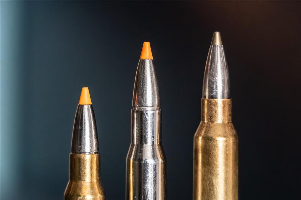 Jagdpatronen im Kaliber 308 Winchester (l-r), 30-06 Springfield und 300 Winchester Magnum stehen bei einem Jäger auf einem Waffenschrank. (Symbolbild)Silas Stein/dpa