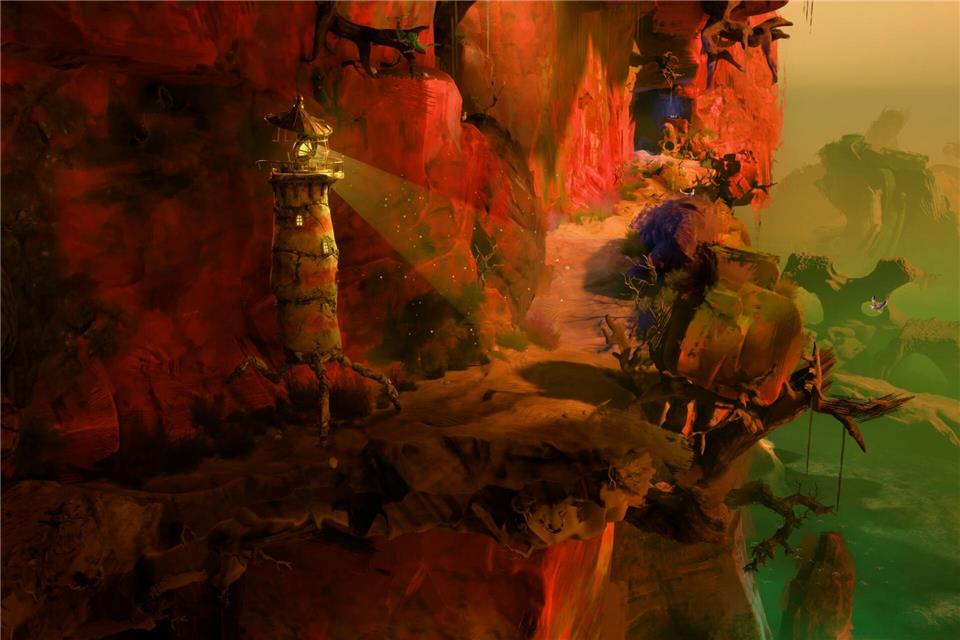 Jetzt bloß nicht abstürzen: Der Leuchtturm unterwegs auf einem schmalen Pfad am Abgrund.Double Fine Productions/Microsoft/dpa-tmn