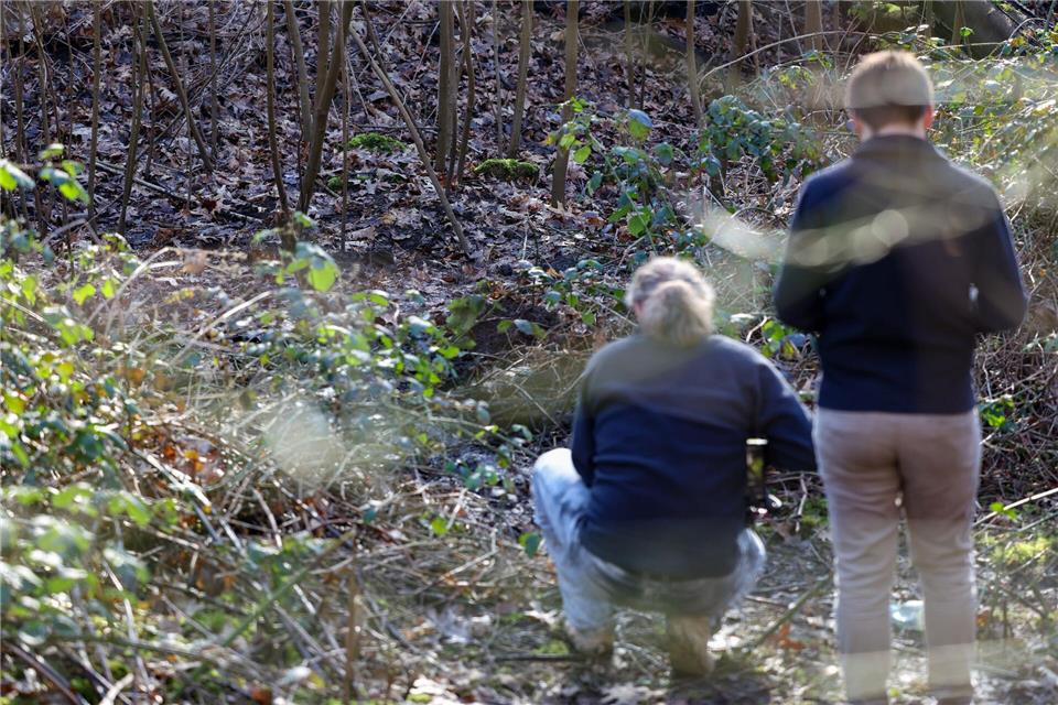 Journalisten stehen an der Stelle in einem Waldstück in Duisburg-Beeck, wo am Dienstag eine Frauenleiche entdeckt wurde. Jetzt gab es in dem Fall eine Festnahme. (Archivbild)Christoph Reichwein/dpa
