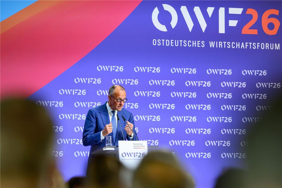 Kanzler Merz sagt: „Es gibt auch keinen Grund für Pessimismus und Schwarzmalerei über die Zukunft unseres Landes.“Patrick Pleul/dpa