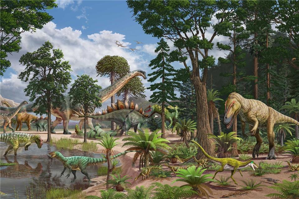 Künstlerische Darstellung des Ökosystems der Dry Mesa Dinosaur Quarry vor etwa 150 Millionen Jahren im heutigen US-Staat ColoradoSergey Krasovskiy; Pedro Salas/EurekAlert/dpa