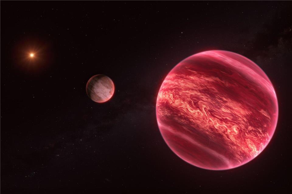 Künstlerische Darstellung des Systems um den Stern CD-35 2722. Das System besteht aus einem Stern, einem Braunen Zwerg und einem Satelliten.M. Kornmesser/ESO/dpa