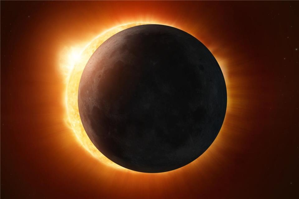 Künstlerische Darstellung einer Sonnenfinsternis. Der Mond steht genau vor der Sonne, so dass sein Schatten auf die Erde fällt.Handout / Berlin/Esa/dpa