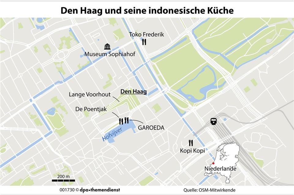 Kulinarische Karte: Hier sind auch die beschriebenen Highlights der indonesischen Küche Den Haags verzeichnet.dpa-infografik/dpa-tmn