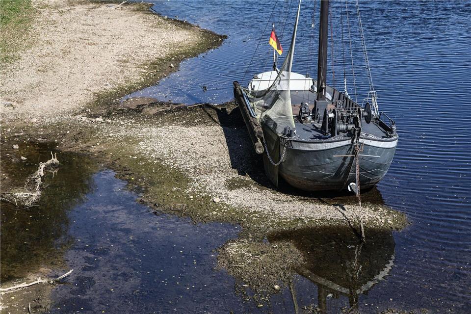 Lahm gelegt: Ein Schiff liegt im Rheinarm an der Insel Grafenwerth auf Grund.Oliver Berg/dpa