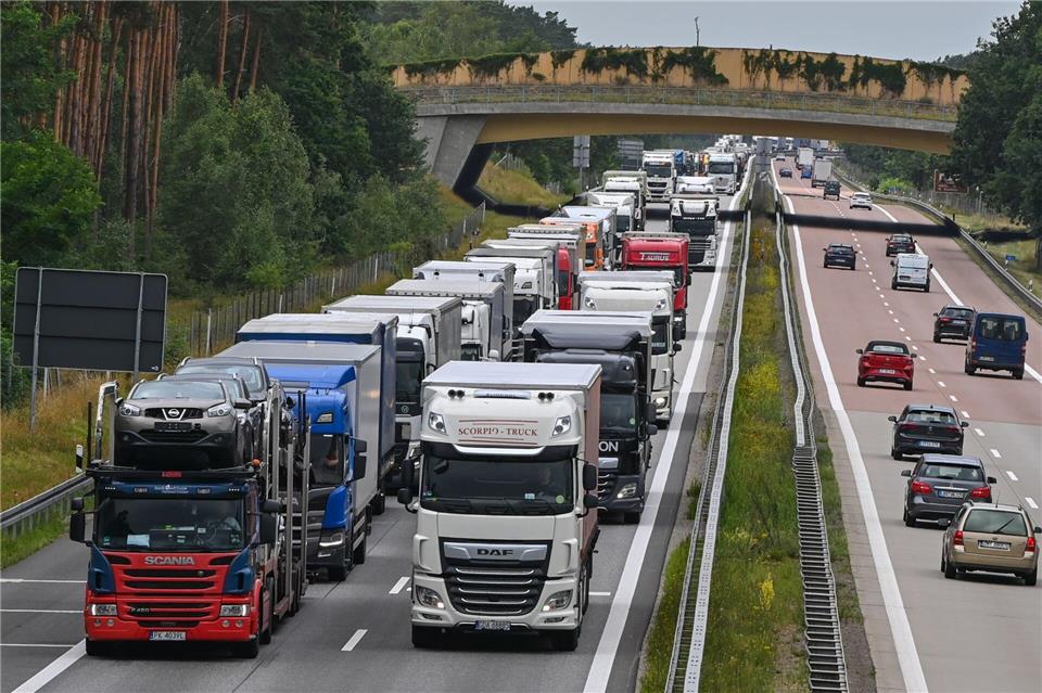 Lastwagenverkehr an der stark befahrenen A 12 bei Jacobsdorf. (Archivfoto)Patrick Pleul/dpa