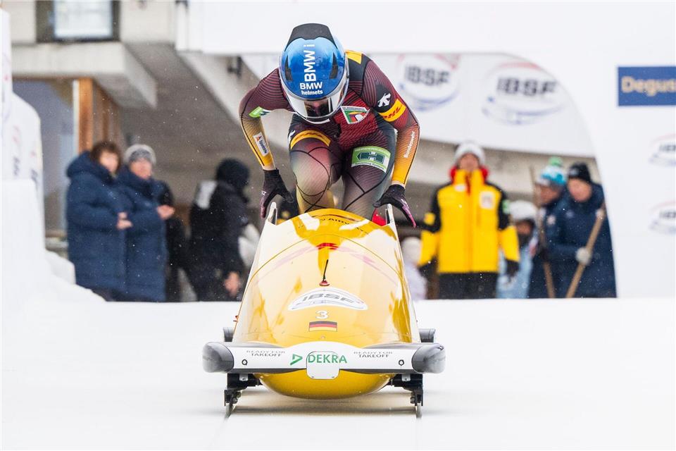 Laura Nolte verpasst beim Monobob-Weltcup in St. Moritz erstmals das Podium. Aber sie holt EM-Bronze.Mayk Wendt/KEYSTONE/dpa