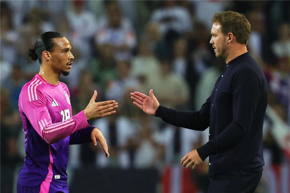 Leroy Sané (l) und Julian Nagelsmann klatschen nach einem Spiel ab. (Archivbild) Christian Charisius/dpa