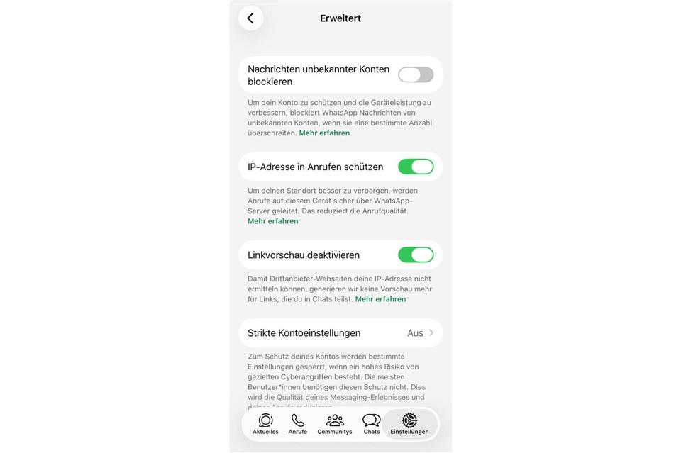 Link-Vorschauen lassen sich den Datenschutz-Einstellungen von WhatsApp deaktivieren - und die eigene IP-Adresse bei Anrufen schützen.WhatsApp/dpa-tmn