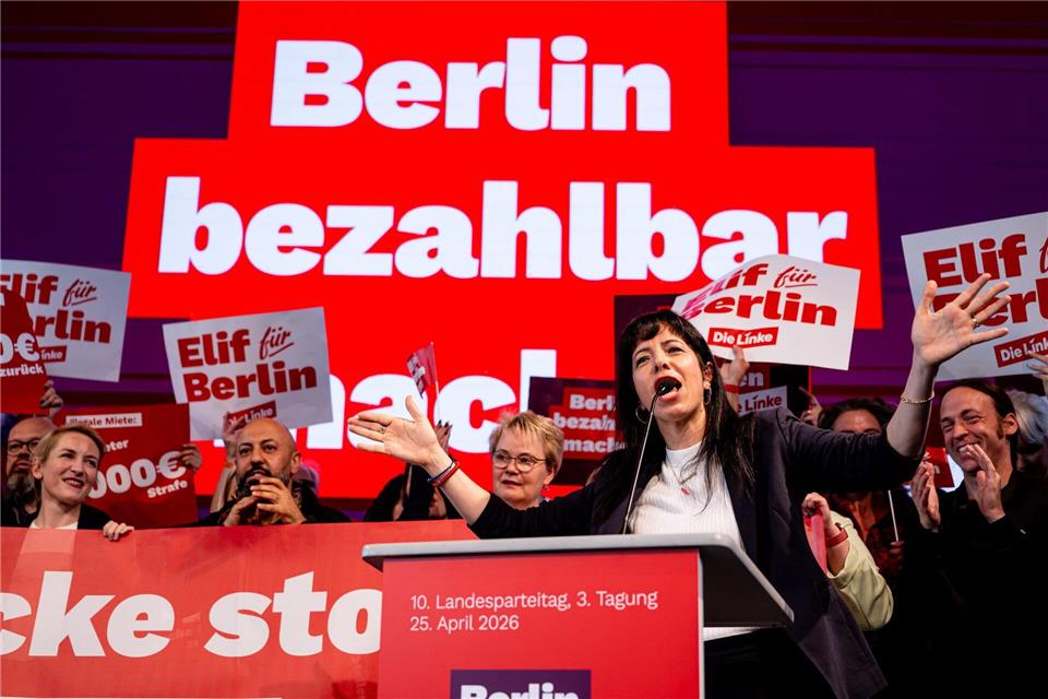 Linken-Spitzenkandidatin Elif Eralp will den Regierenden Bürgermeister Kai Wegner (CDU) ablösen.Fabian Sommer/dpa