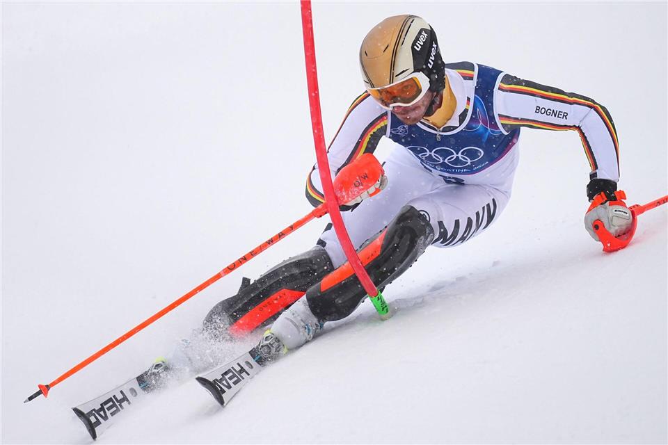 Linus Straßer im ersten Durchgang des Olympia-Slaloms von Bormio.Michael Kappeler/dpa