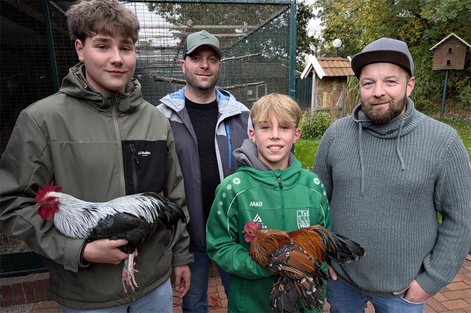 Luka Nottelmann, Peter Punsmann, Piet Ulick und Frank Ulick gehören zu den Velener Rassegeflügelzüchtern. Am letzten Oktoberwochenende kommen Rassegeflügel-Züchter mit über 100 Tieren nach Velen.