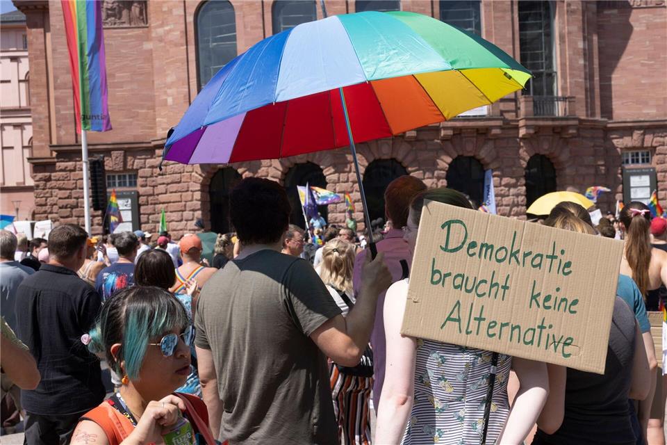 Man stehe aktiv für Demokratie ein, so der Veranstalter der CSD-Demonstration.Helmut Fricke/dpa