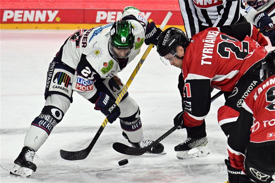 Manuel Wiederer (Eisbären Berlin) kämpft um den Puck.Federico Gambarini/dpa