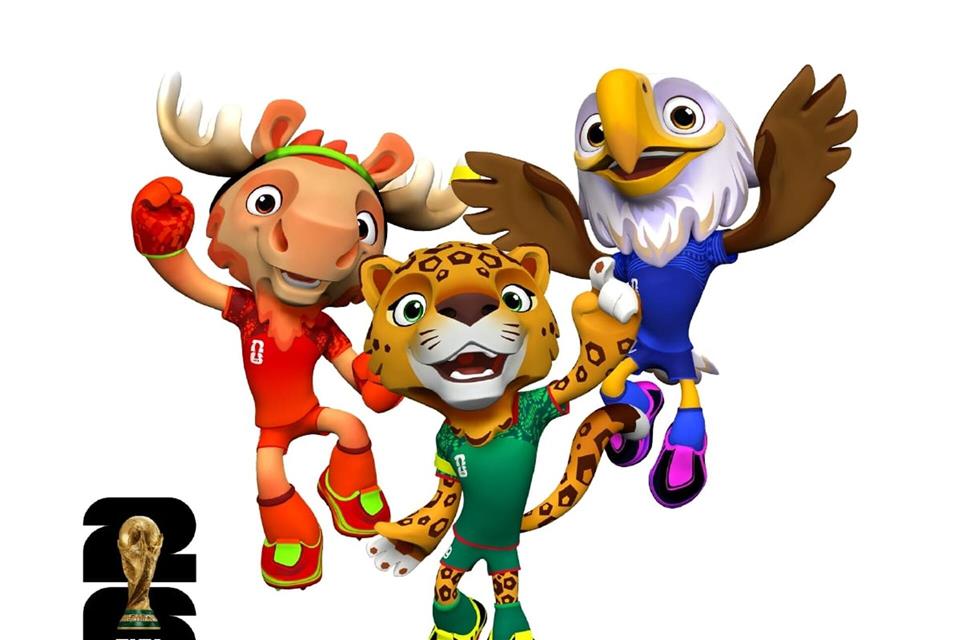 Maple der Elch (l), Zayu der Jaguar (M) und Clutch der Weißkopfseeadler (l) sind die Maskottchen der Fußball-WM 2026.FIFA/dpa