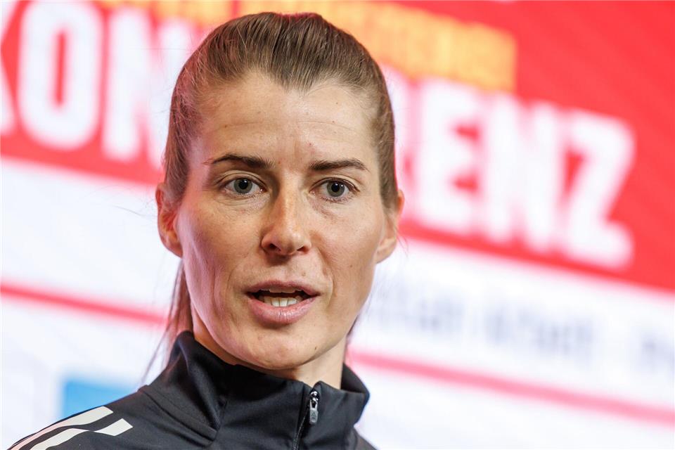 Marie-Louise Eta spricht bei der Union-Pressekonferenz. Andreas Gora/dpa